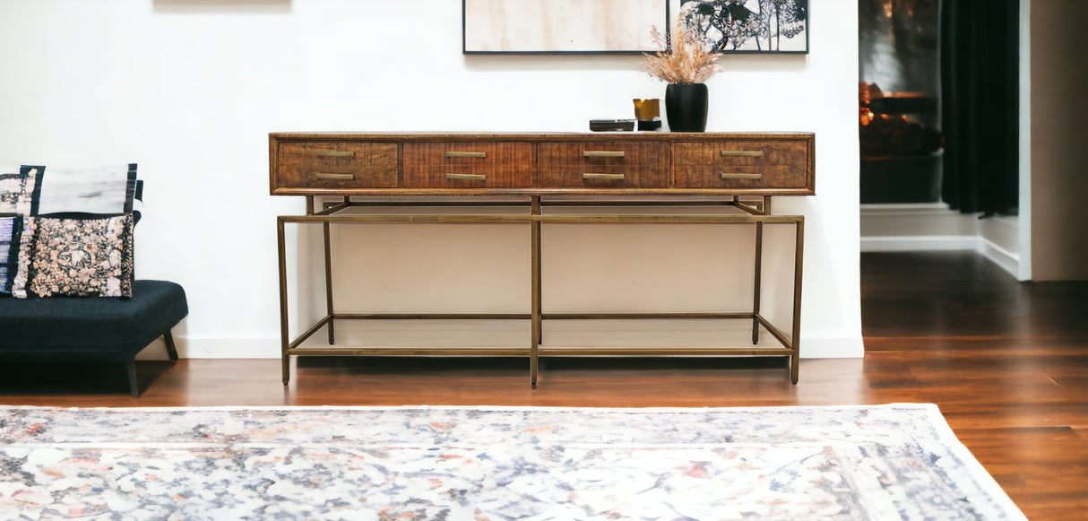 72" Brown and Brass Solid Wood Distressed Frame Console Table With Storage