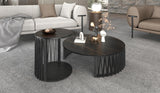 35" Black Marble And Solid Wood Round Nested Coffee Tables