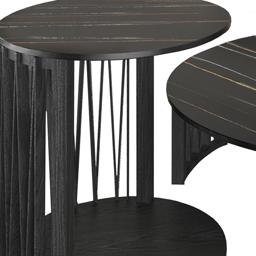 35" Black Marble And Solid Wood Round Nested Coffee Tables