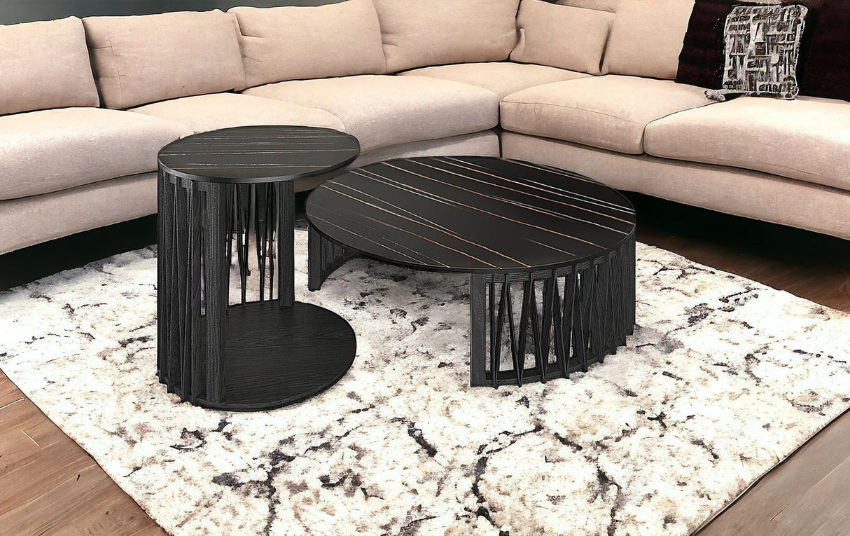 35" Black Marble And Solid Wood Round Nested Coffee Tables