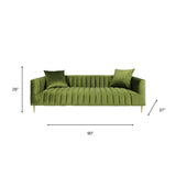 90" Olive Green Velvet Sofa And Toss Pillows With Gold Legs