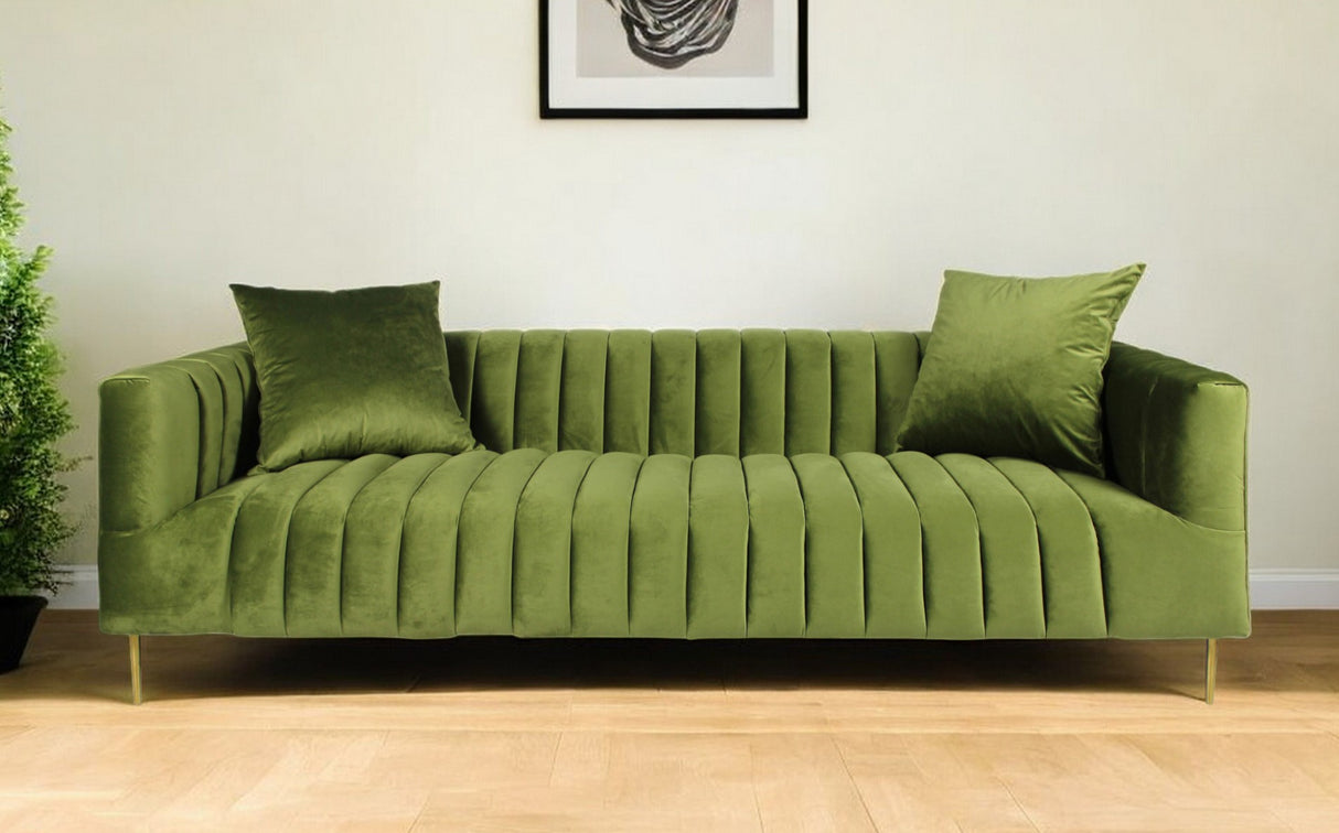 90" Olive Green Velvet Sofa And Toss Pillows With Gold Legs