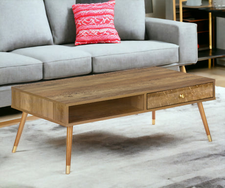 44" Walnut Rectangular Coffee Table With Drawer And Shelf