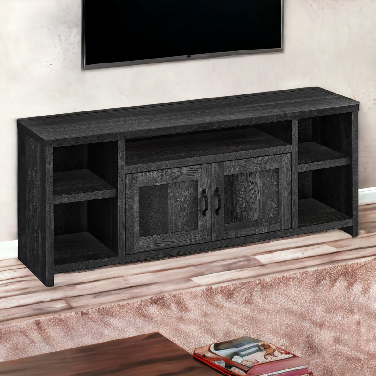 59" Black Cabinet Enclosed Storage TV Stand