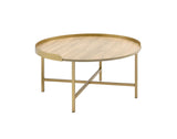 34" Gold And Oak Manufactured Wood And Metal Round Coffee Table