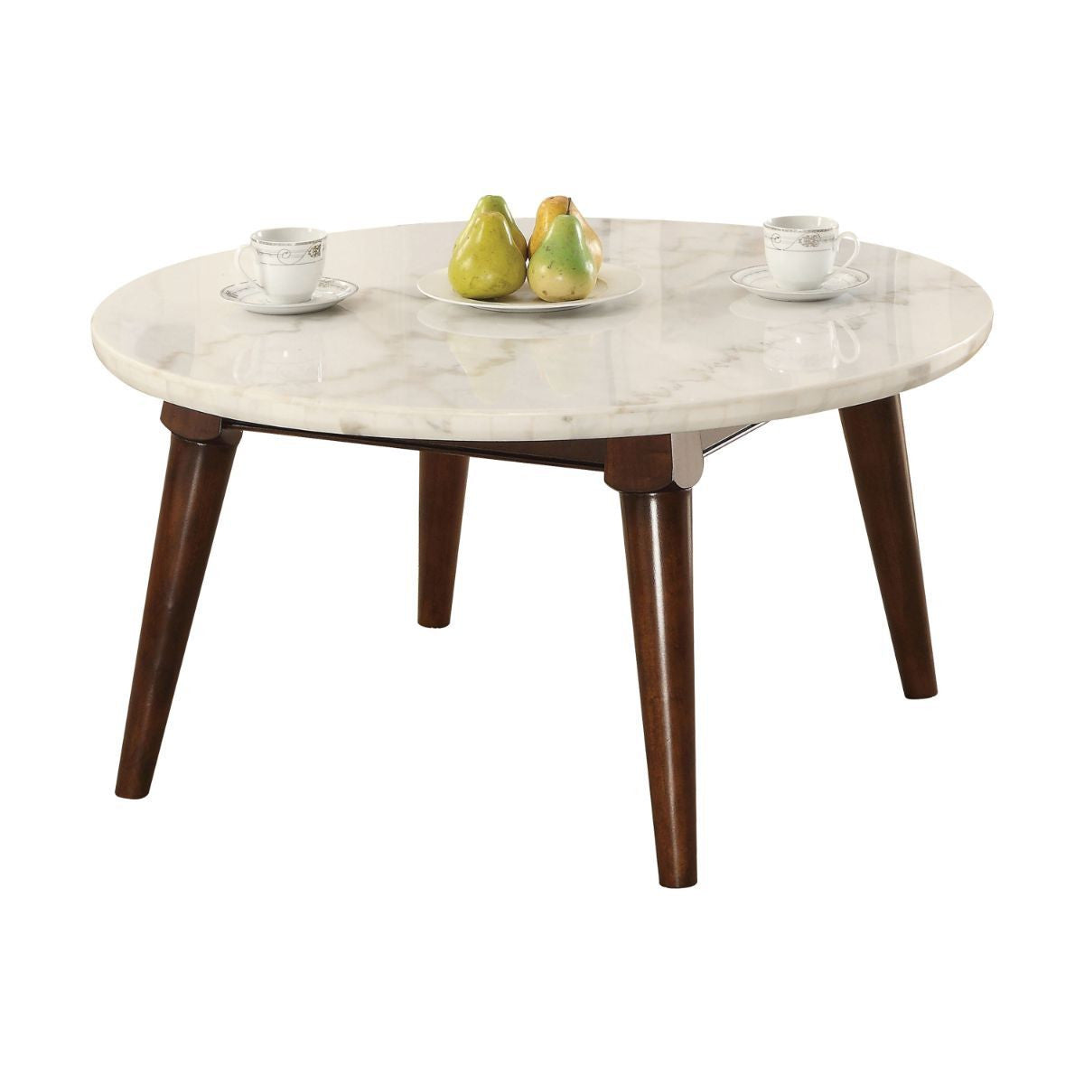 36" Walnut And Marble Faux Marble Round Coffee Table