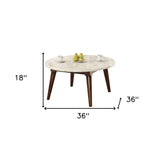 36" Walnut And Marble Faux Marble Round Coffee Table