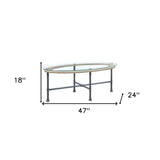 47" Sandy Gray And Clear Glass And Metal Oval Coffee Table