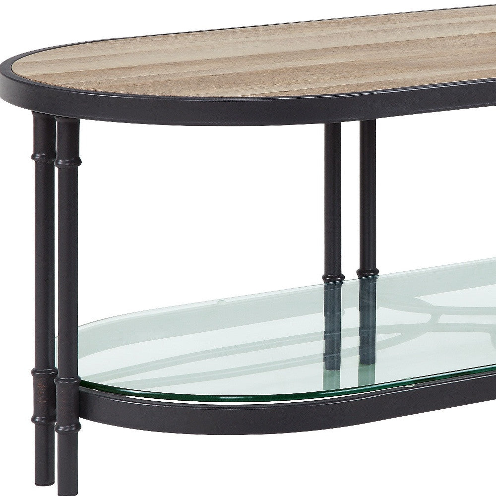 47" Sandy Black And Oak Paper Veneer And Metal Oval Coffee Table With Shelf