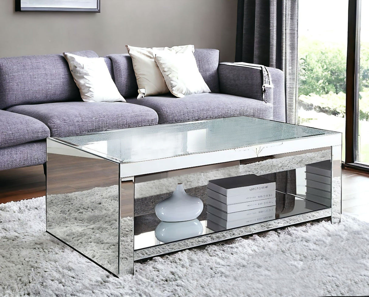 48" Silver Glass Mirrored Coffee Table With Shelf