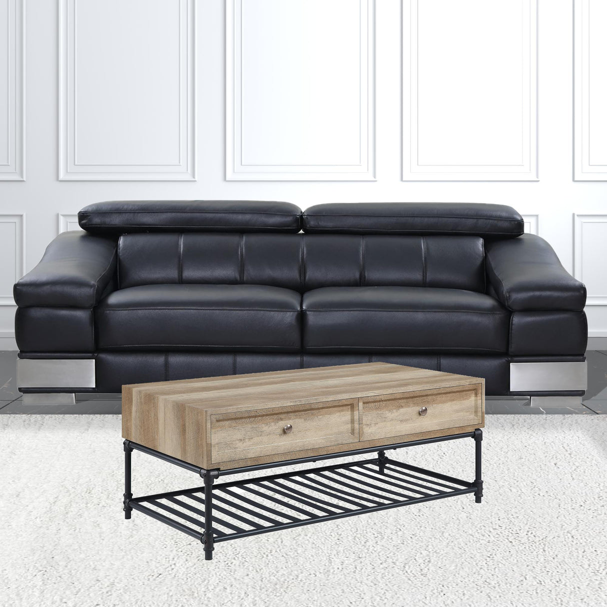 47" Sandy Black And Oak Paper Veneer And Metal Rectangular Coffee Table With Two Drawers And Shelf