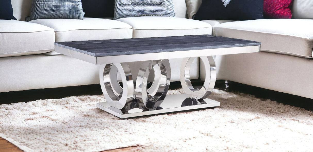 51" Gray And Silver Faux Marble And Stainless Mirrored Coffee Table