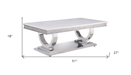 51" White And Silver Faux Marble Mirrored Coffee Table