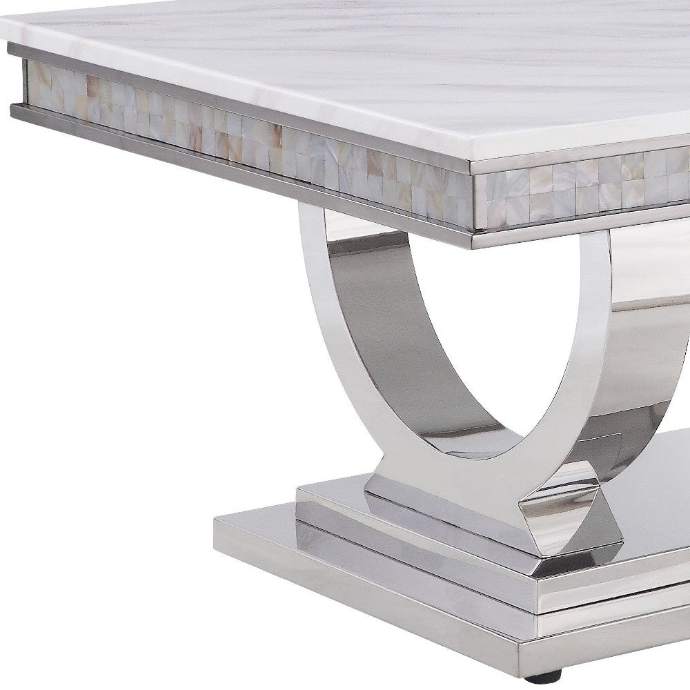 51" White And Silver Faux Marble Mirrored Coffee Table