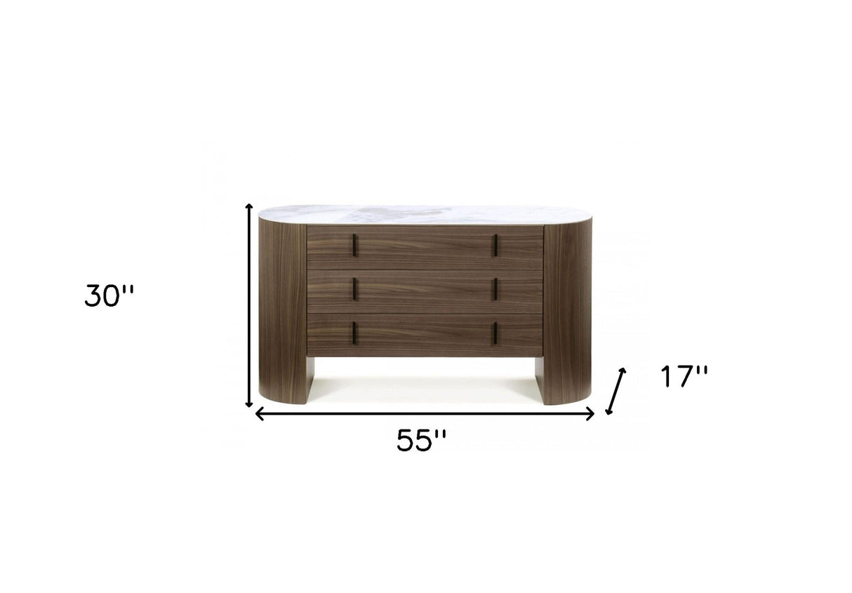 55" Walnut Marble Solid And Manufactured Wood Three Drawer Dresser