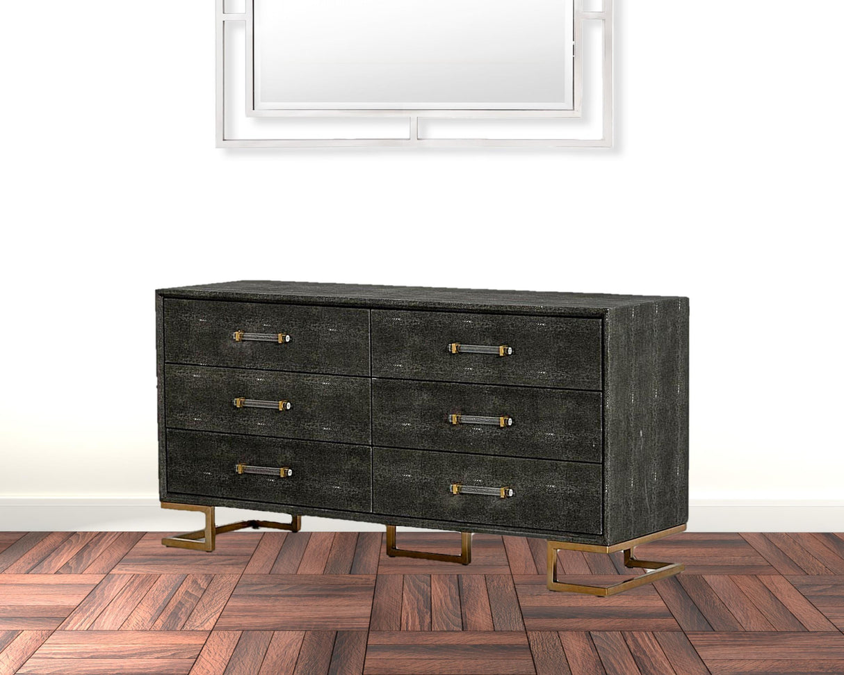 63" Grey Shagreen Faux Leather And Gold Six Drawer Double Dresser