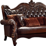 93" Brown Faux Leather Sofa And Toss Pillows With Burgundy Legs