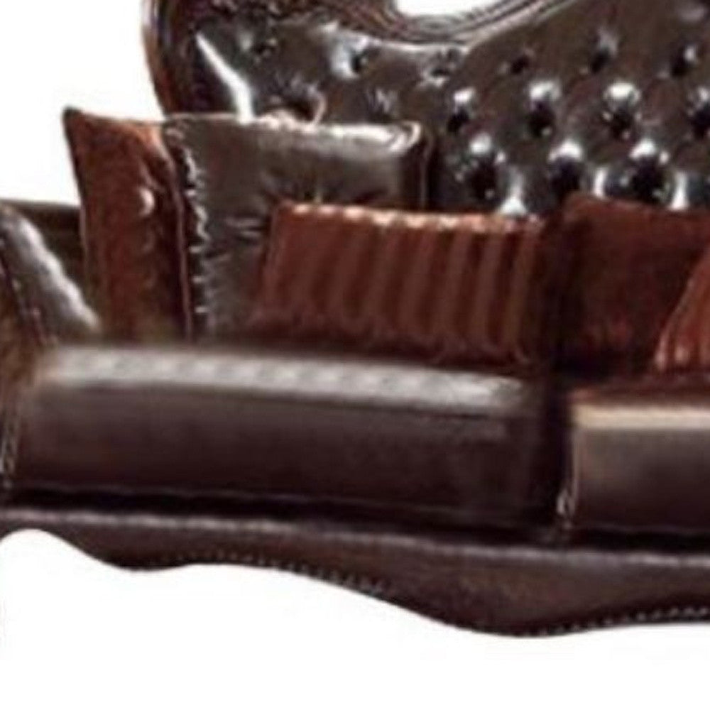 93" Brown Faux Leather Sofa And Toss Pillows With Cherry Blossom Pink Legs