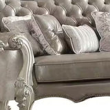 90" Gray Faux Leather Sofa And Toss Pillows With Bone Legs