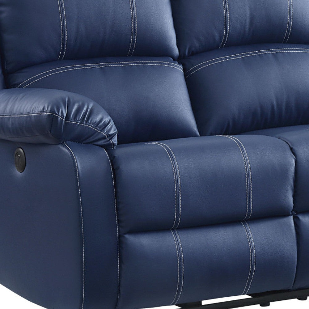 81" Blue Faux Leather Reclining USB Sofa With Black Legs