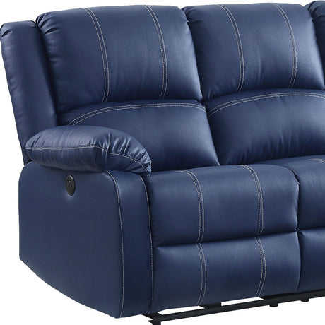 81" Blue Faux Leather Reclining USB Sofa With Black Legs