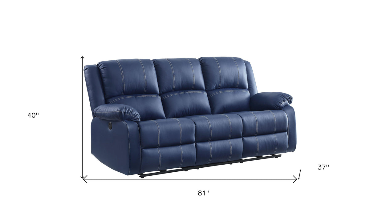 81" Blue Faux Leather Reclining USB Sofa With Black Legs