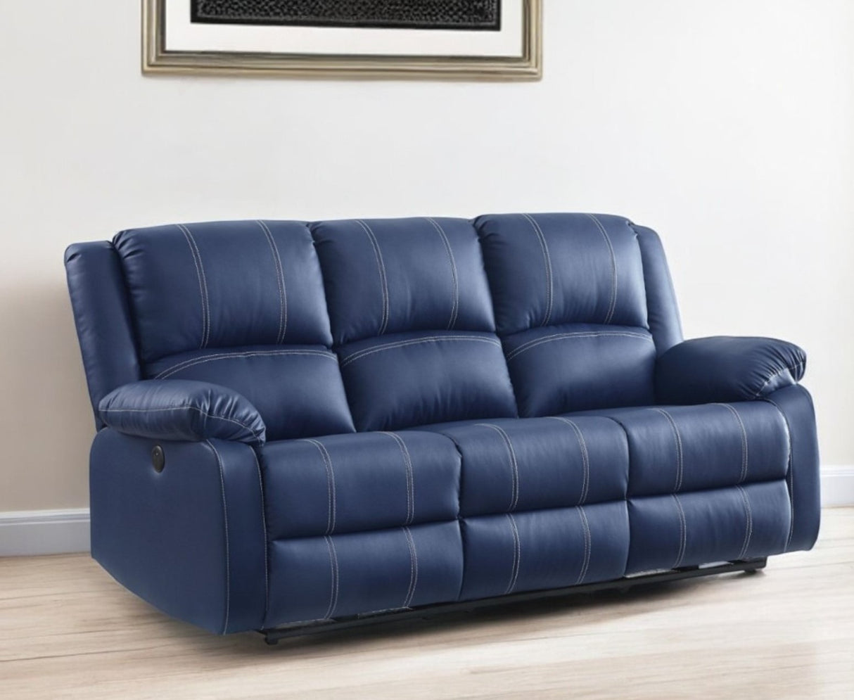 81" Blue Faux Leather Reclining USB Sofa With Black Legs