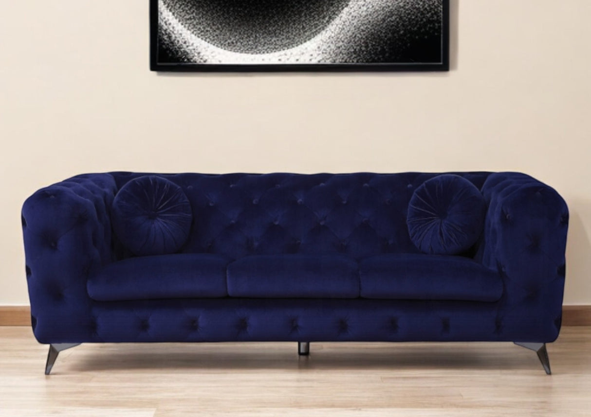 90" Blue Velvet Chesterfield Sofa With Silver Legs