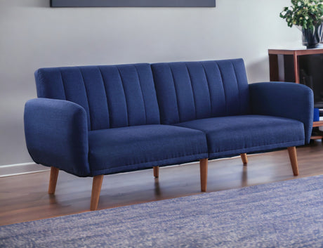 76" Blue Linen Sleeper Sofa With Wood Brown Legs