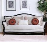 86" Beige Sofa And Toss Pillows With Black Legs