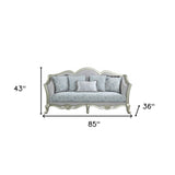 85" Light Gray Linen Damask Sofa And Toss Pillows With Champagne Legs