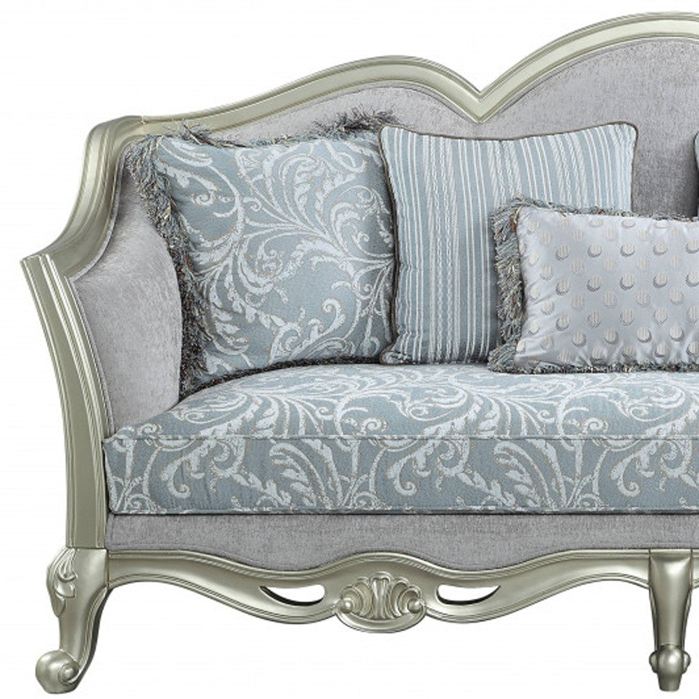 85" Light Gray Linen Damask Sofa And Toss Pillows With Champagne Legs