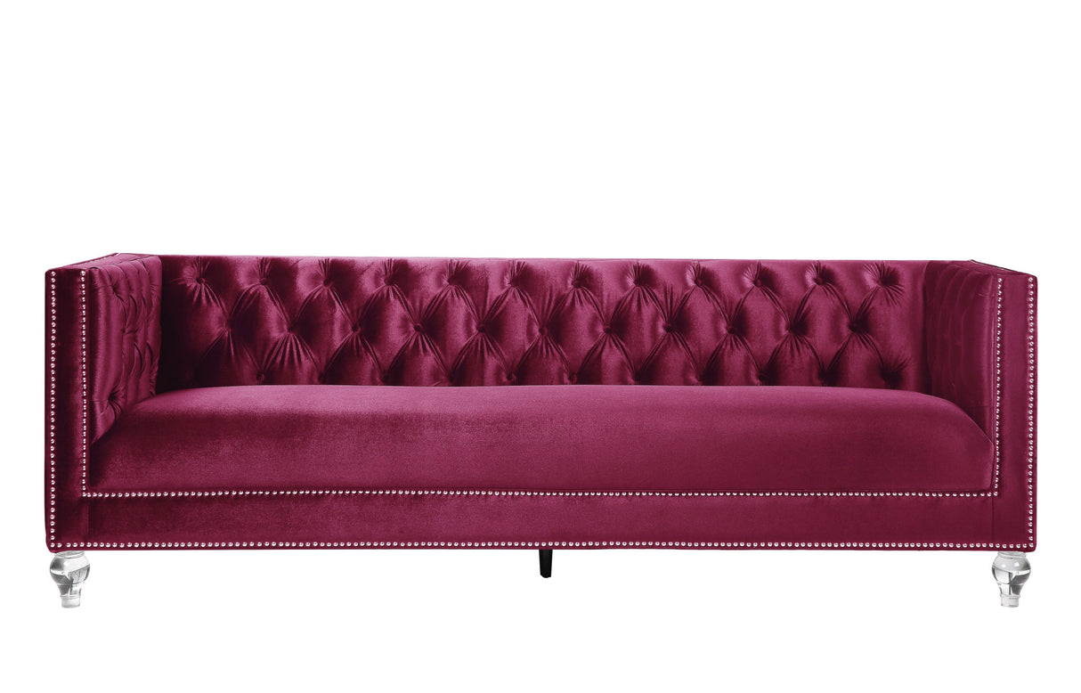 89" Burgundy Velvet Sofa And Toss Pillows With Black Legs