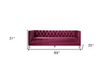 89" Burgundy Velvet Sofa And Toss Pillows With Black Legs