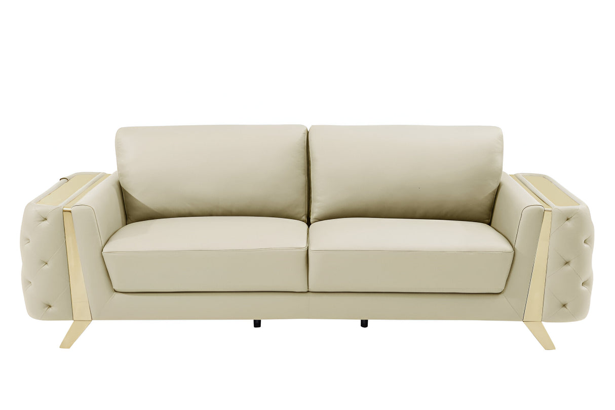 90" Beige Italian Leather Sofa With Gold Legs