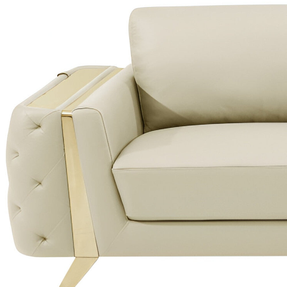 90" Beige Italian Leather Sofa With Gold Legs