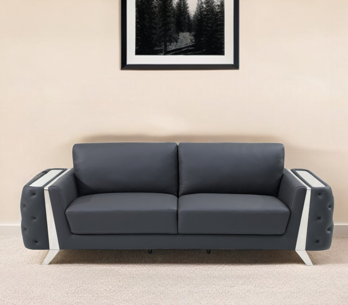 90" Gray Italian Leather Sofa With Silver Legs