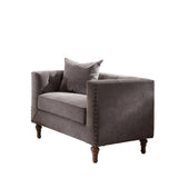 41" Gray And Brown Velvet Tufted Arm Chair And Toss Pillow