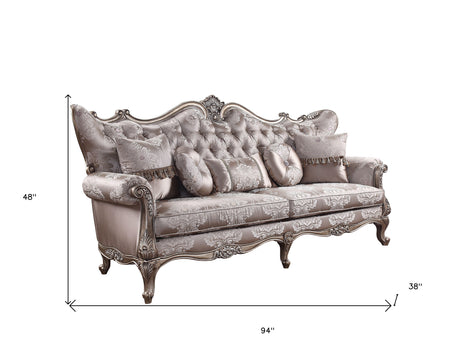 94" Dark Gray Imitation Silk Damask Sofa And Toss Pillows With Champagne Legs