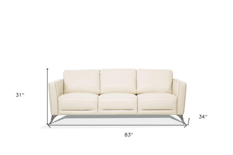 83" Cream Leather Sofa With Black Legs