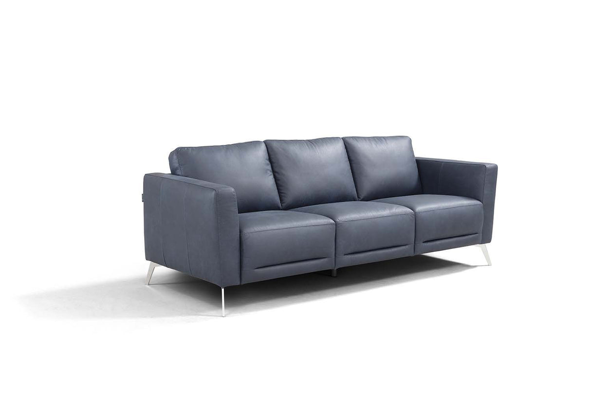 85" Blue Leather Sofa With Black Legs
