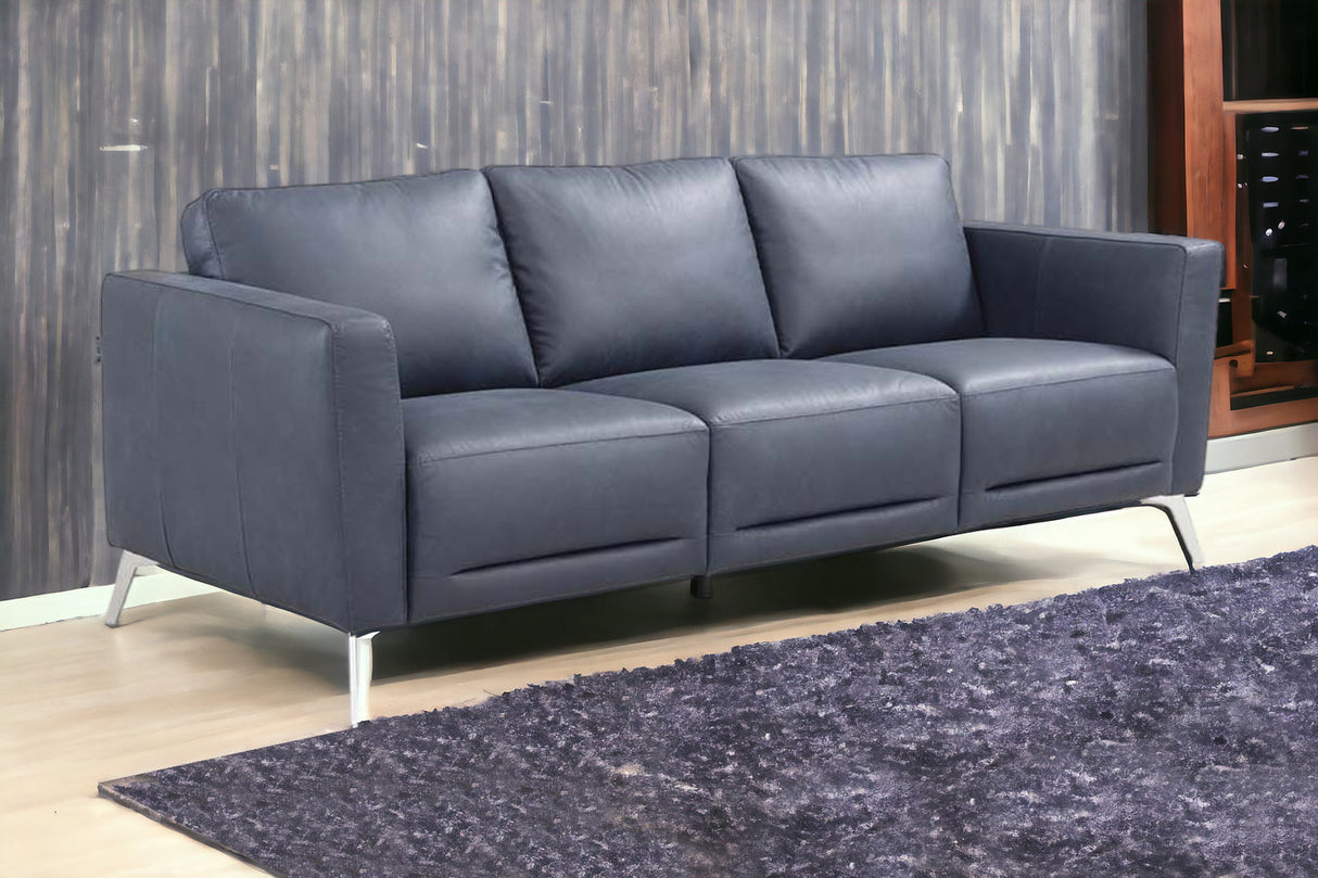85" Blue Leather Sofa With Black Legs