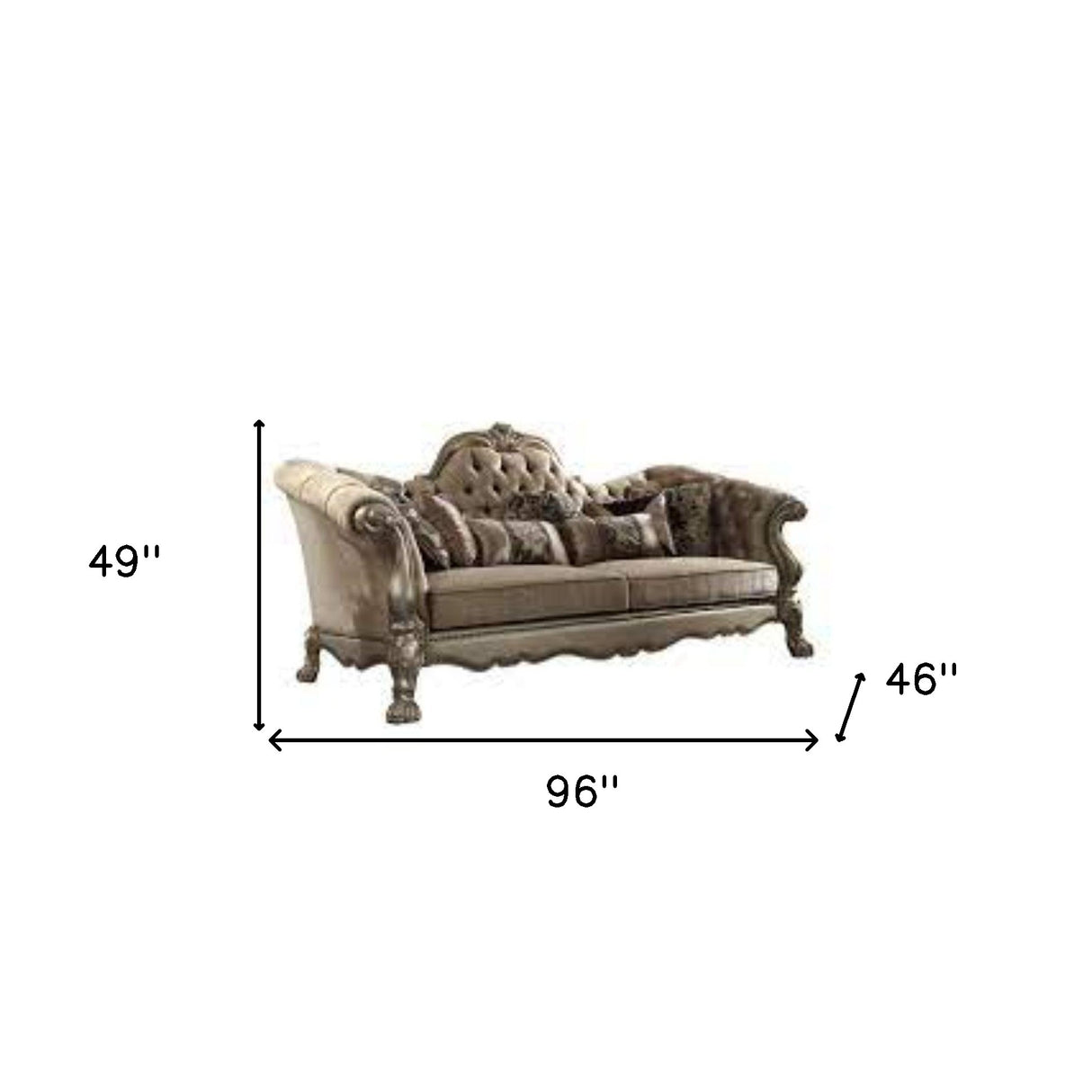 96" Bone Velvet Sofa And Toss Pillows With Gold Legs
