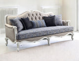 88" Cream Linen Damask Sofa And Toss Pillows With White Legs