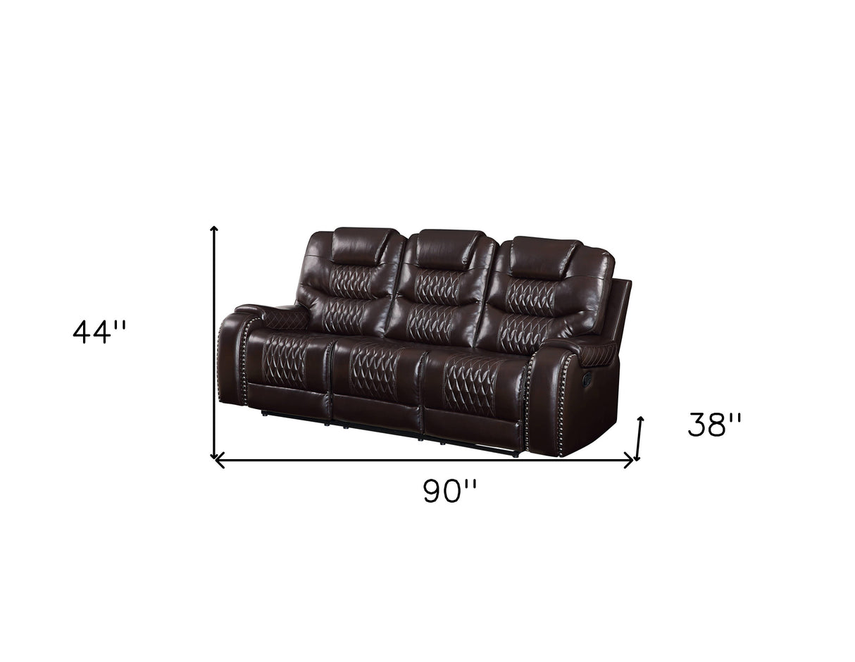 90" Brown Faux Leather Reclining Sofa With Black Legs