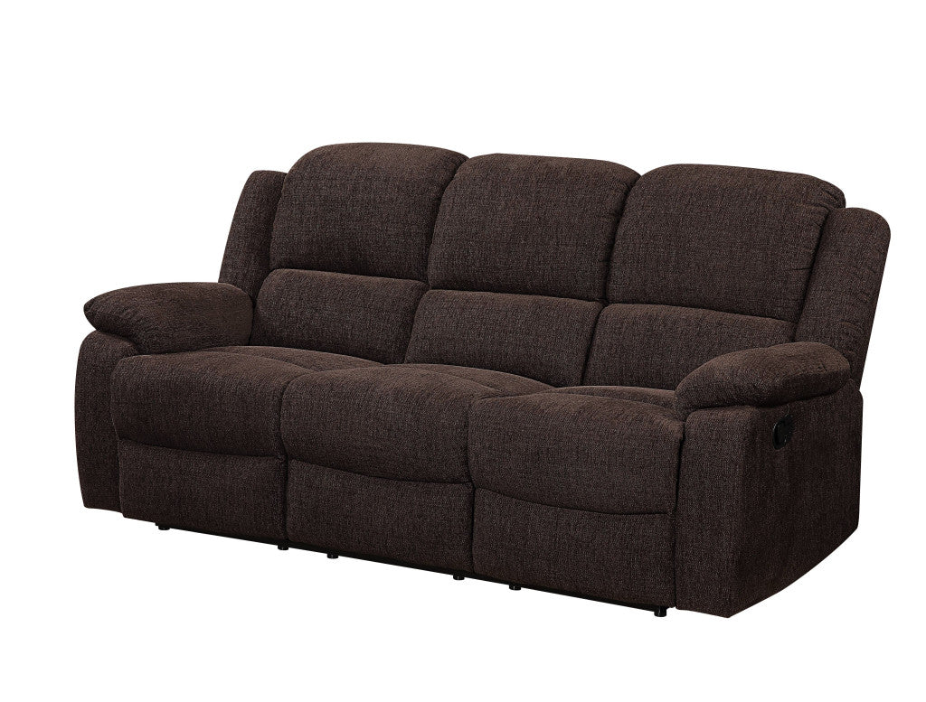 79" Brown Chenille Reclining Sofa With Black Legs