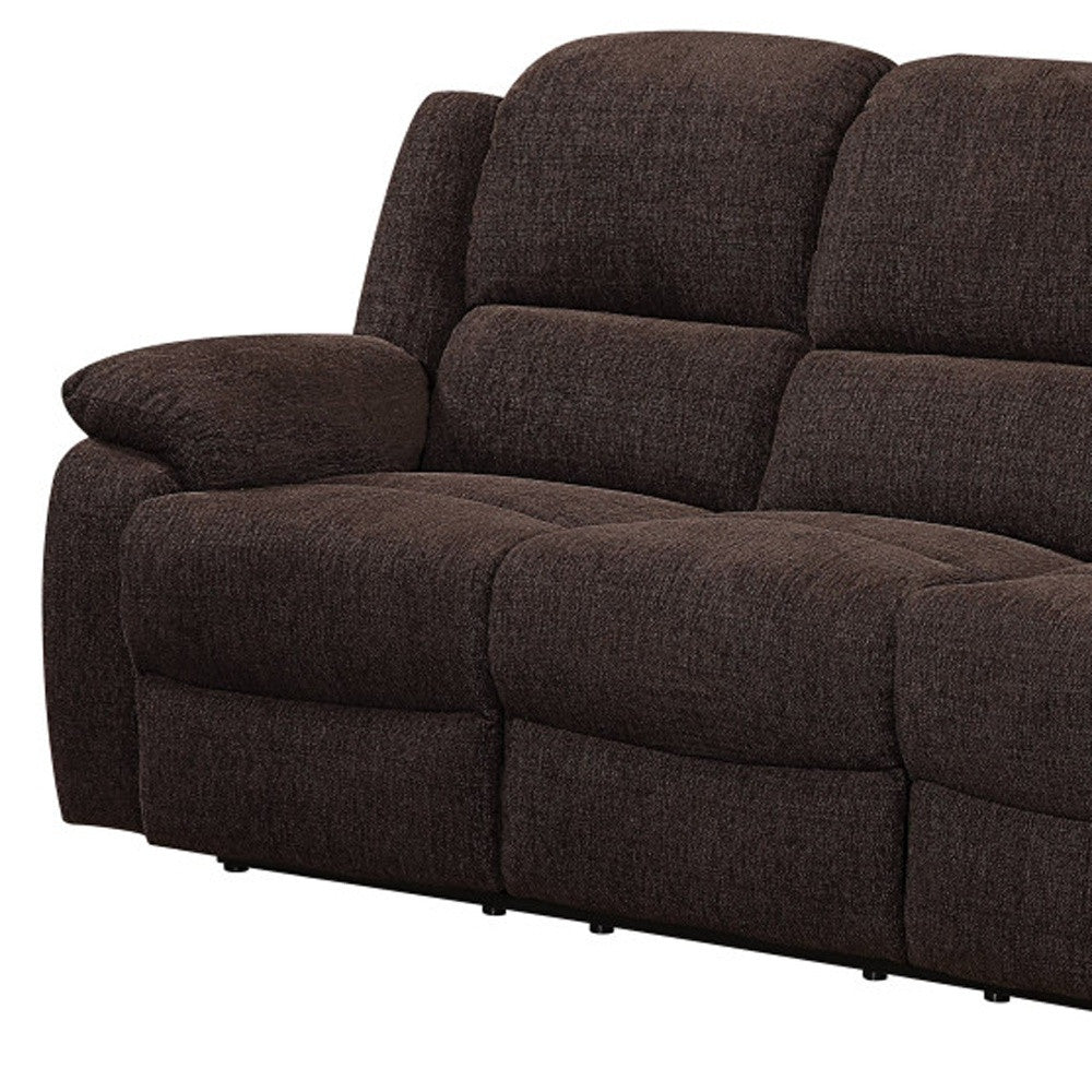 79" Brown Chenille Reclining Sofa With Black Legs