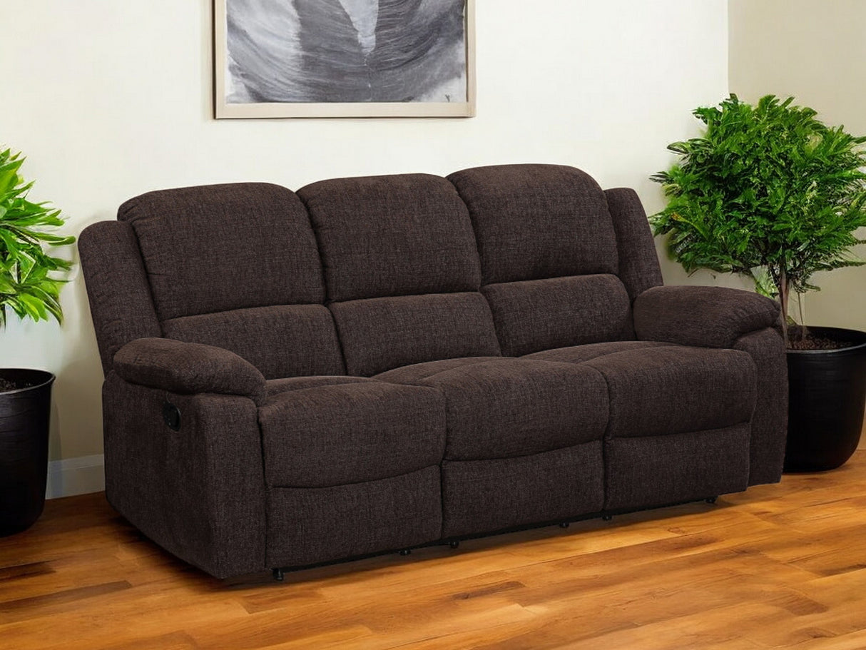 79" Brown Chenille Reclining Sofa With Black Legs