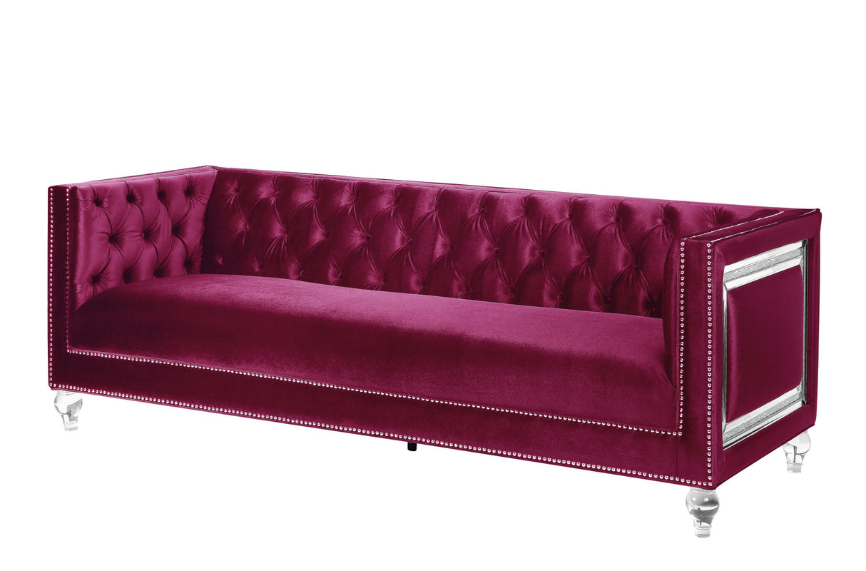 89" Burgundy Velvet Sofa And Toss Pillows With Clear Legs