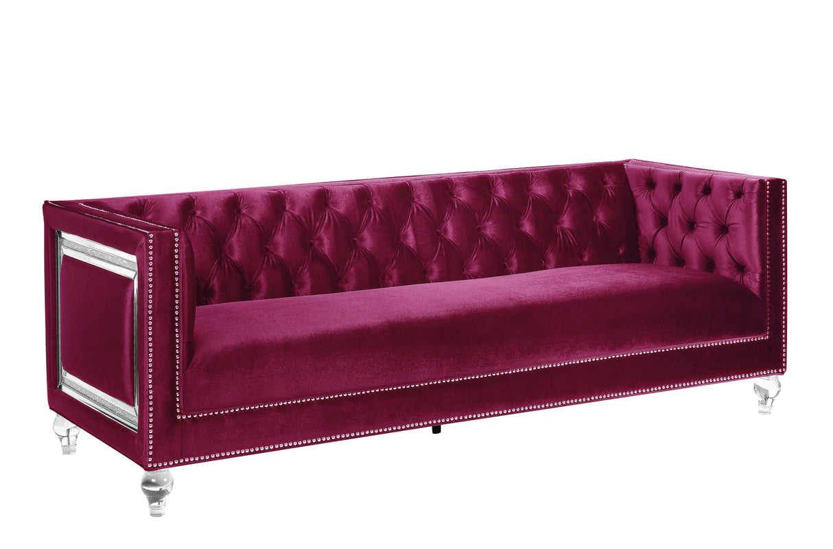 89" Burgundy Velvet Sofa And Toss Pillows With Clear Legs